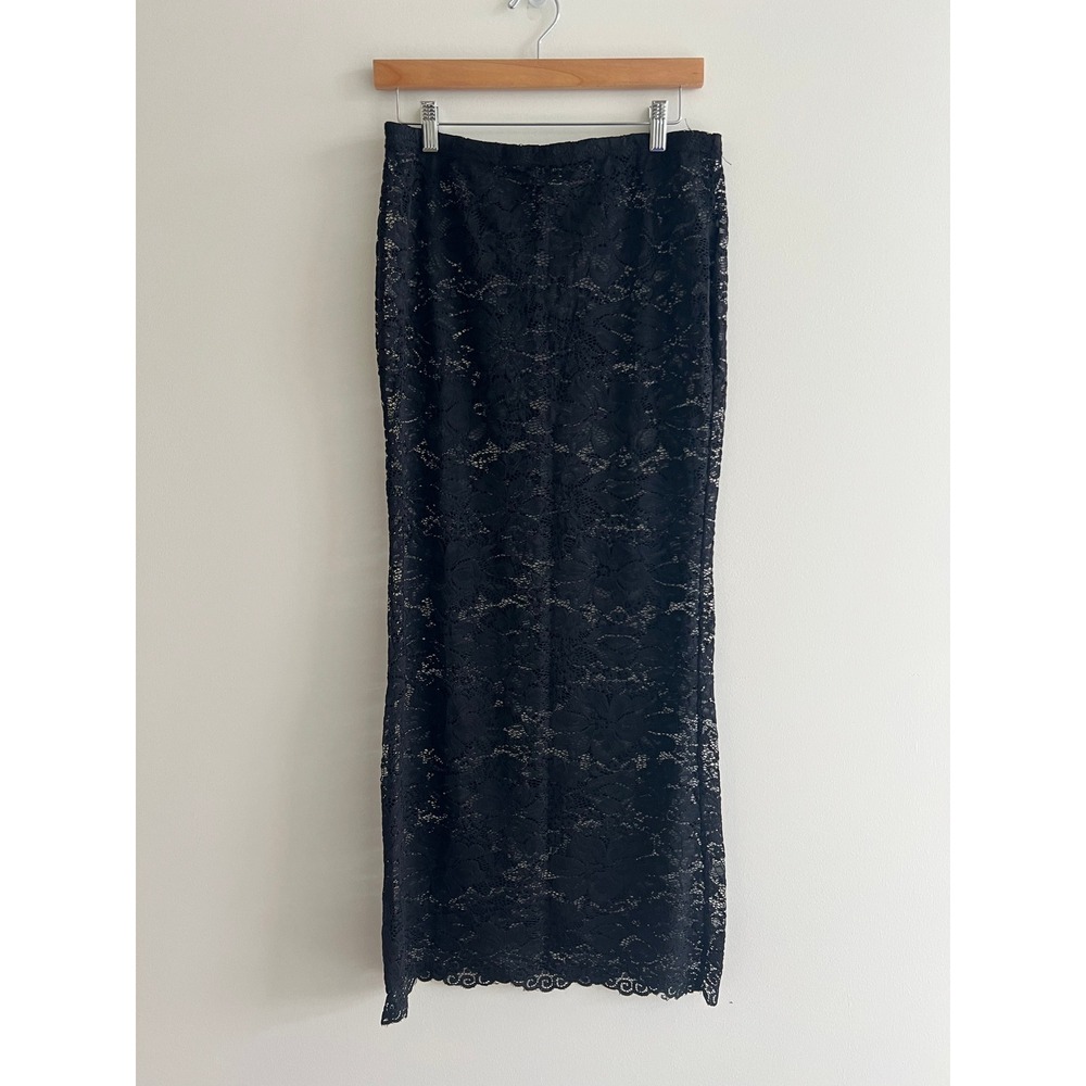 SHEIN Maxi Skirt Women L Black Floral Lace Sheer Scalloped Hem Bodycon Goth Boho